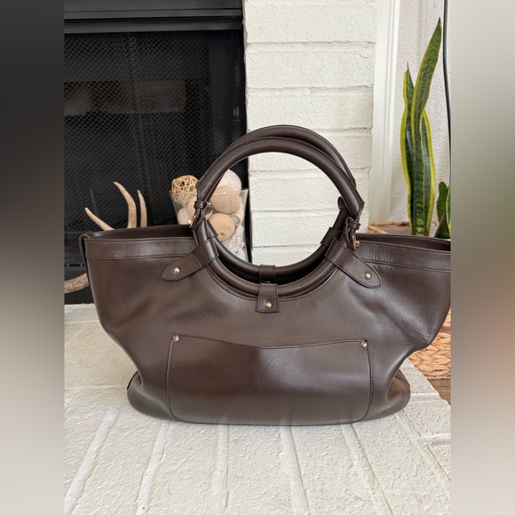 JIMMY CHOO Tahula Dark Brown Leather Gold Hardware Satchel Shoulder Bag Tote - Picture 7 of 16